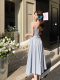 New Fashion Blue Stripe Design A-line Lace Spaghetti Strap Dress HZ1024