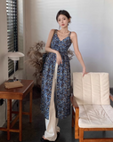 Fashion Navy Blue Floral Design A-line V-neck Slit Spaghetti Strap Dress HZ1024