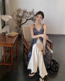 Fashion Navy Blue Floral Design A-line V-neck Slit Spaghetti Strap Dress HZ1024