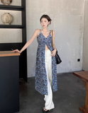 Fashion Navy Blue Floral Design A-line V-neck Slit Spaghetti Strap Dress HZ1024