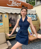 New Fashion Navy Blue V-neck Design A-line Sleeveless Denim Dress HZ1024