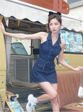 New Fashion Navy Blue V-neck Design A-line Sleeveless Denim Dress HZ1024