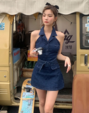 New Fashion Navy Blue V-neck Design A-line Sleeveless Denim Dress HZ1024