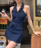 New Fashion Navy Blue V-neck Design A-line Sleeveless Denim Dress HZ1024