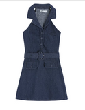 New Fashion Navy Blue V-neck Design A-line Sleeveless Denim Dress HZ1024