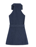 New Fashion Navy Blue V-neck Design A-line Sleeveless Denim Dress HZ1024