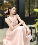 New Fashion Pearl Sequined Design A-line Sleeveless Beach Holiday Halter Dress HZ1024