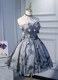 Elegant Gray 3D Flowers Design A-line Mesh Strapless Short Homecoming Dress HZ1024