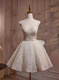 Elegant Beige Embroidery Design A-line Bow Spaghetti Strap Short Homecoming Dress HZ1024