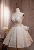 Elegant Beige Embroidery Design A-line Bow Spaghetti Strap Short Homecoming Dress HZ1024