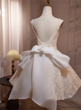 Elegant Beige Embroidery Design A-line Bow Spaghetti Strap Short Homecoming Dress HZ1024