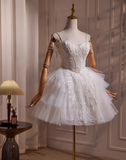 Elegant White Beaded Design Party Dress A-line Spaghetti Strap Short Homecoming Dress HZ1024