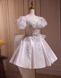 Elegant White Embroidery Beaded Bow Design A-line Spaghetti Strap Short Homecoming Dress HZ1024