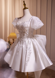 Elegant White Embroidery Beaded Bow Design A-line Spaghetti Strap Short Homecoming Dress HZ1024