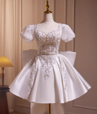 Elegant White Embroidery Beaded Bow Design A-line Spaghetti Strap Short Homecoming Dress HZ1024