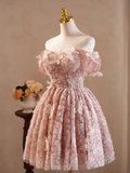 Elegant Pink 3D Flowers Beaded Design Off-the-shoulder Short Homecoming Dress HZ1024