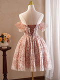 Elegant Pink 3D Flowers Beaded Design Off-the-shoulder Short Homecoming Dress HZ1024