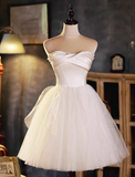 Elegant White Simple Design Satin Mesh Sleeveless Strapless Homecoming Dress HZ1024