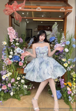 Elegant Light Blue 3D Flowers Design Sleeveless Strapless Puffy Homecoming Dress HZ1024