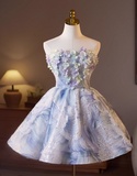 Elegant Light Blue 3D Flowers Design Sleeveless Strapless Puffy Homecoming Dress HZ1024