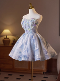 Elegant Light Blue 3D Flowers Design Sleeveless Strapless Puffy Homecoming Dress HZ1024