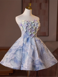 Elegant Light Blue 3D Flowers Design Sleeveless Strapless Puffy Homecoming Dress HZ1024