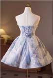 Elegant Light Blue 3D Flowers Design Sleeveless Strapless Puffy Homecoming Dress HZ1024