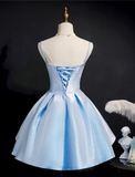 Elegant Light Blue Glittering Satin Design Spaghetti Strap Homecoming Dress HZ1024