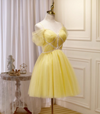 Charming Yellow Beaded Design Mesh Spaghetti Strap Homecoming Dress HZ1024