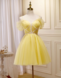 Charming Yellow Beaded Design Mesh Spaghetti Strap Homecoming Dress HZ1024