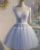 Charming Light Blue Lace-edge Design Mesh Spaghetti Strap Homecoming Dress HZ1024