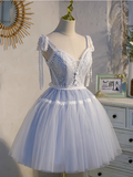 Charming Light Blue Lace-edge Design Mesh Spaghetti Strap Homecoming Dress HZ1024