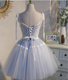 Charming Light Blue Lace-edge Design Mesh Spaghetti Strap Homecoming Dress HZ1024