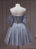 Charming Gray Off-the-shoulder Design Mesh Sleeveless Strapless Homecoming Dress HZ1024