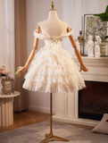 Charming Champagne Lace-edge Off-the-shoulder Design Mesh Tiered Homecoming Dress HZ1024