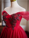Charming Wine Red Beaded Design Elegant Mesh Off-the-shoulder Sleeves Strapless Homecoming Dress HZ1024