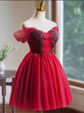 Charming Wine Red Beaded Design Elegant Mesh Off-the-shoulder Sleeves Strapless Homecoming Dress HZ1024