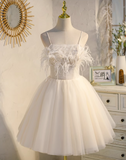Charming White Soft Feather Design Elegant Mesh Spaghetti Strap Homecoming Dress HZ1024