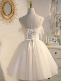 Charming White Soft Feather Design Elegant Mesh Spaghetti Strap Homecoming Dress HZ1024