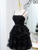 Charming Black Beaded Design Elegant Mesh Spaghetti Strap Tiered Homecoming Dress HZ1024