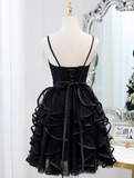 Charming Black Beaded Design Elegant Mesh Spaghetti Strap Tiered Homecoming Dress HZ1024