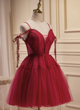 New Fashion Wine Red Lace Design Elegant Mesh Spaghetti Strap Homecoming Dress HZ1024