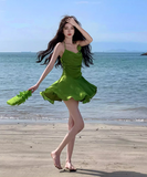 New Fashion Green Ruffled Hem Design A-line Beach Holiday Spaghetti Strap Dress HZ1024
