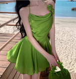 New Fashion Green Ruffled Hem Design A-line Beach Holiday Spaghetti Strap Dress HZ1024