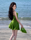 New Fashion Green Ruffled Hem Design A-line Beach Holiday Spaghetti Strap Dress HZ1024