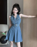 New Fashion Blue Belt Design A-line V-neck Sleeveless Denim Dress HZ1024