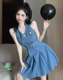 New Fashion Blue Belt Design A-line V-neck Sleeveless Denim Dress HZ1024