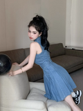 New Fashion Blue Belt Design A-line V-neck Sleeveless Denim Dress HZ1024