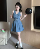 New Fashion Blue Belt Design A-line V-neck Sleeveless Denim Dress HZ1024