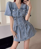 New Fashion Blue Design A-line V-neck Short Sleeves Denim Dress HZ1024